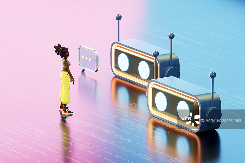 年轻黑人女孩与人工智能聊天机器人对话，人工智能技术概念图片素材