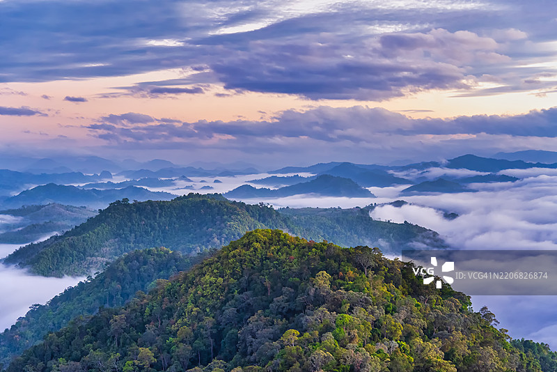 清晨的山脉与雾海风景。图片素材