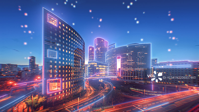 未来城市的通信网络、大数据和人工智能技术概念图片素材