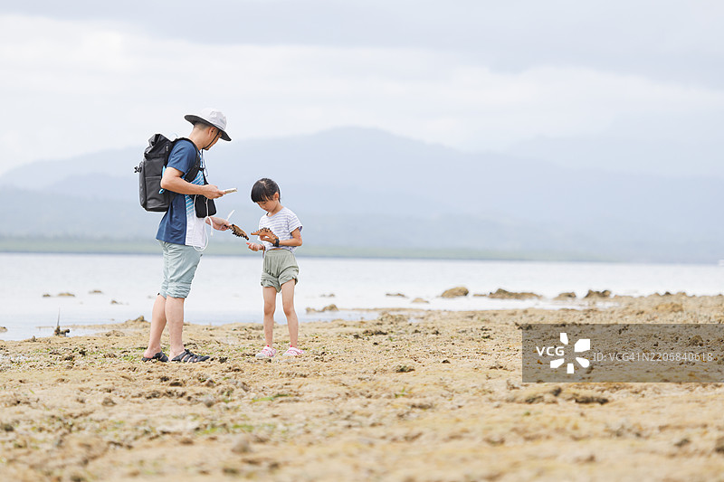 一位亚洲父亲和女儿在退潮时观察海洋生物，他们正在沙滩上散步。图片素材