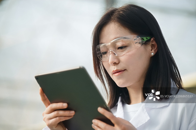 亚洲女性科学家在温室中使用数字平板电脑图片素材