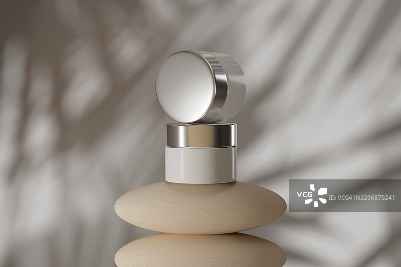 优雅的化妆品罐展示在中性色背景上，配有现代阴影图片素材
