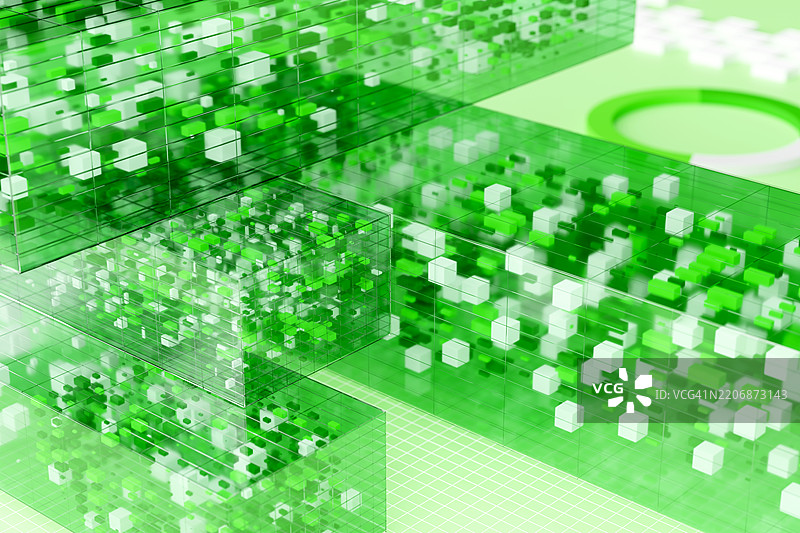 抽象数字景观，透明绿色立方体和发光数据块。未来主义的3D插图，代表人工智能、机器学习、区块链或大数据处理。图片素材