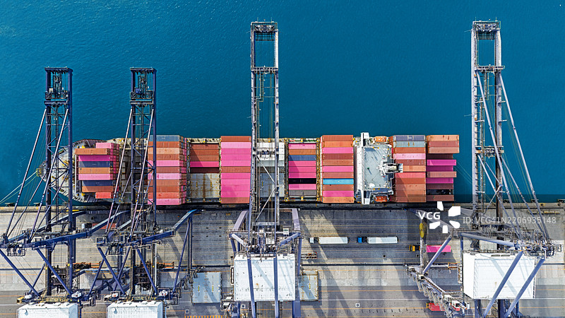 大型集装箱船在集装箱港口的鸟瞰图。图片素材