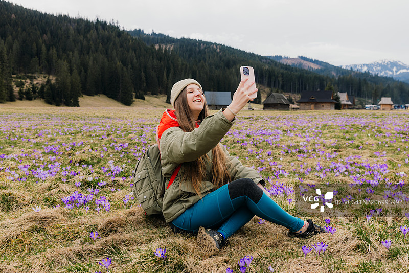 快乐的女性在草地上放松，拍摄塔特拉山脉中盛开的藏红花小花。图片素材