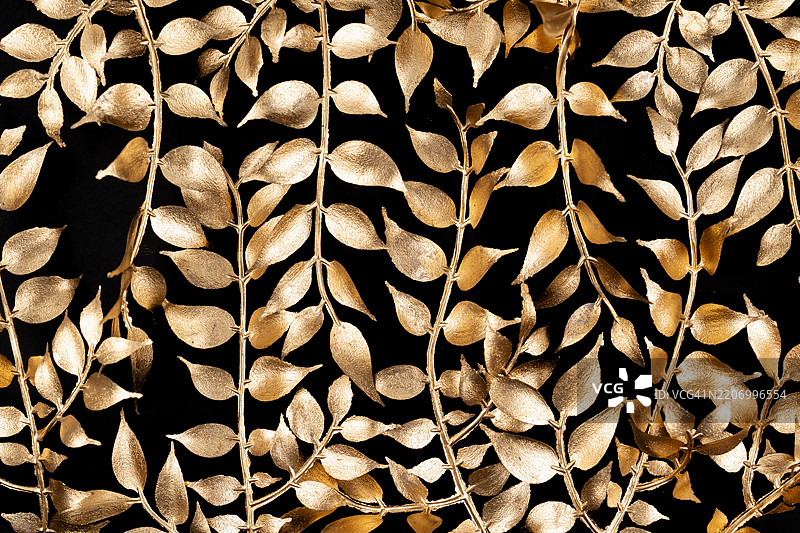 黑色背景上的金色叶子纹理。作为抽象背景。图片素材