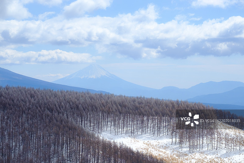 从日本长野的霧ヶ峰高原俯瞰富士山的景色。图片素材