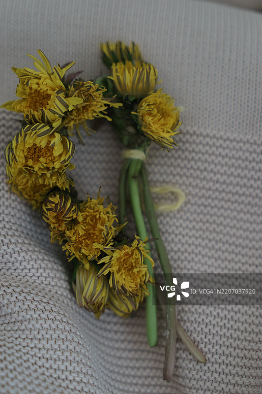 布料上的黄色花朵特写图片素材