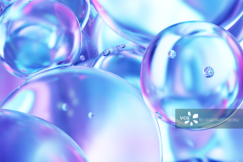 充满活力的渐变蓝色、粉色和紫色分子，水滴。3D液体气泡图案。未来感的美丽背景。医疗和健康。特写。纯净、创新、科学的概念。图片素材