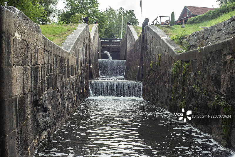锁定瑞典厄斯特哥特兰省林雪平的Kinda运河，斯堪的纳维亚，欧洲图片素材