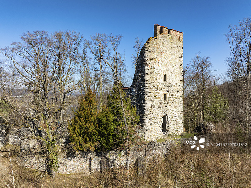 新堡遗址的鸟瞰图，位于康士坦茨湖、下湖、莱茵湖对面的霍里半岛，瑞士图尔高州的历史遗址，欧洲图片素材