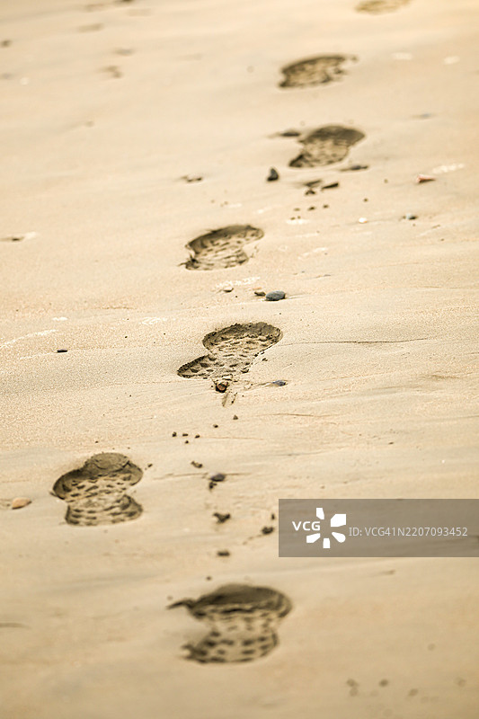 热带海滩湿沙中的人类足迹图片素材