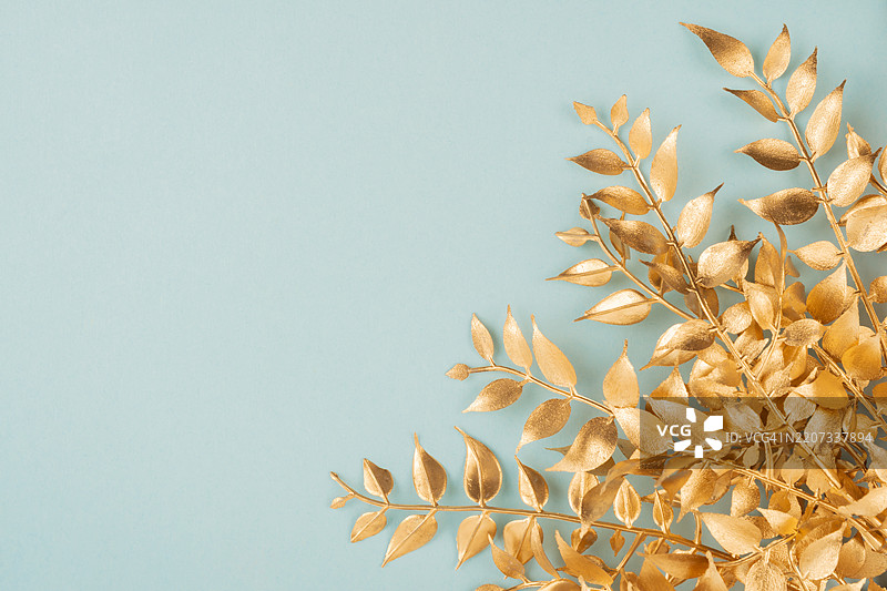 蓝色背景上的金色叶子枝条，留有空白位置。图片素材
