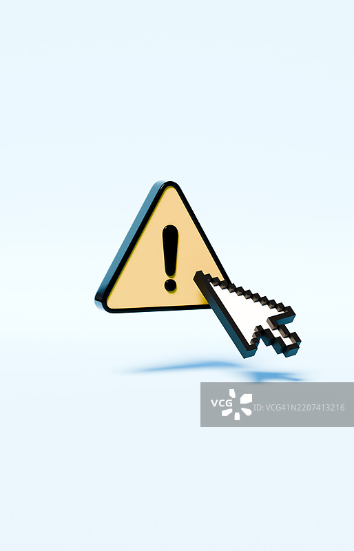 鼠标光标位于大型悬浮三角警告标志前 - 注意概念图片素材