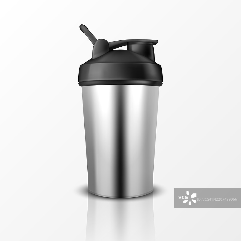 矢量真实感3D空的光滑摇摇瓶，配有黑色瓶盖，适用于健身运动营养补充和水分补充，特写孤立图像。包装模型设计模板。图片素材