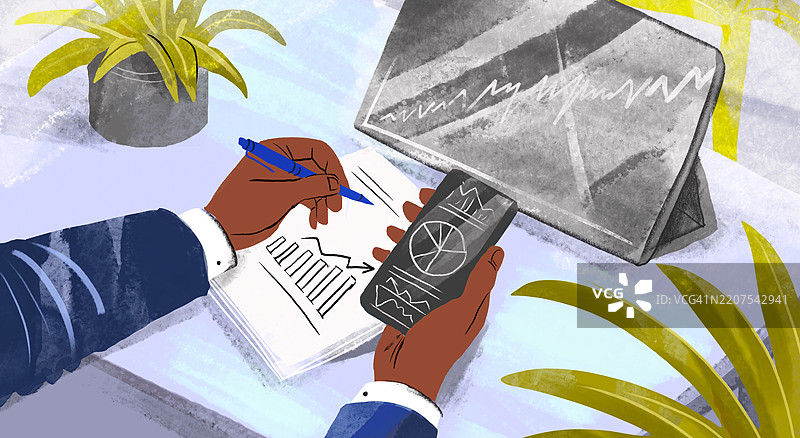 金融分析师使用手机和平板电脑分析财务数据的插图图片素材