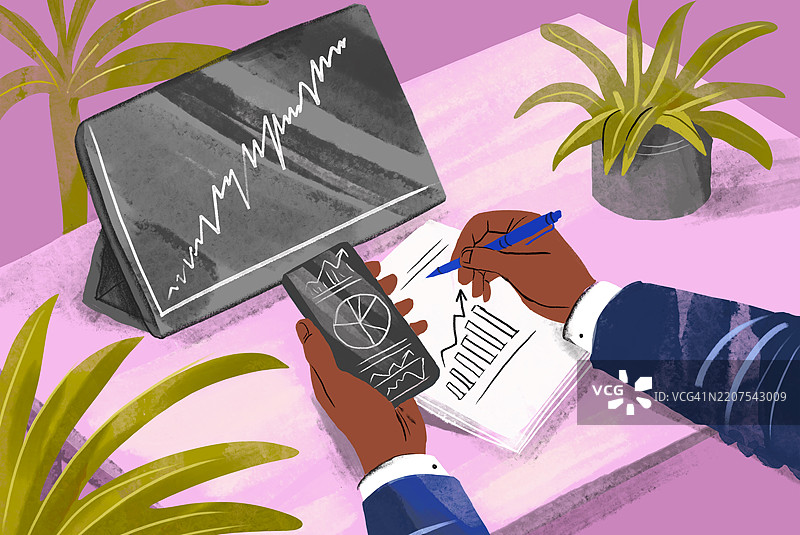 金融分析师在桌子上用平板电脑和手机分析数据的插图图片素材