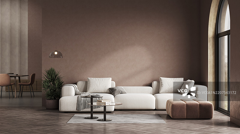 奢华的客厅，配有现代休闲家具，采用温暖的摩卡慕斯色调趋势图片素材