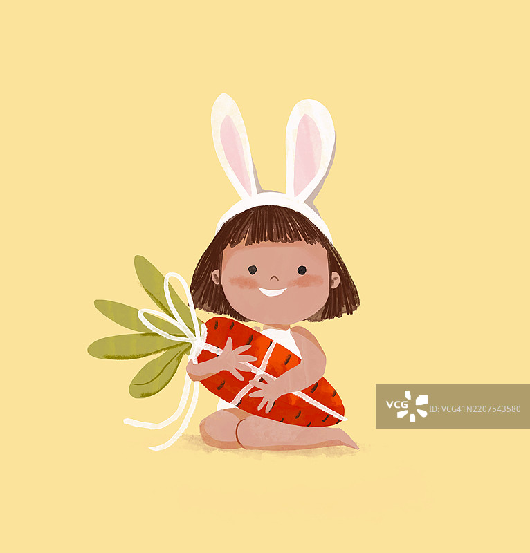可爱的宝宝戴着兔耳朵，手里拿着胡萝卜，背景是黄色的插图图片素材