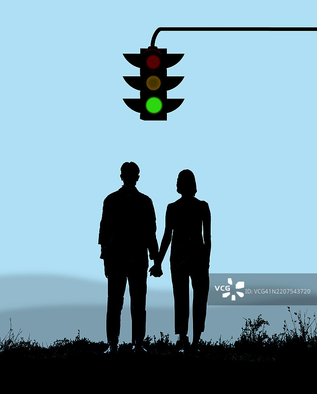 一对情侣站在绿色交通灯前的概念插图图片素材