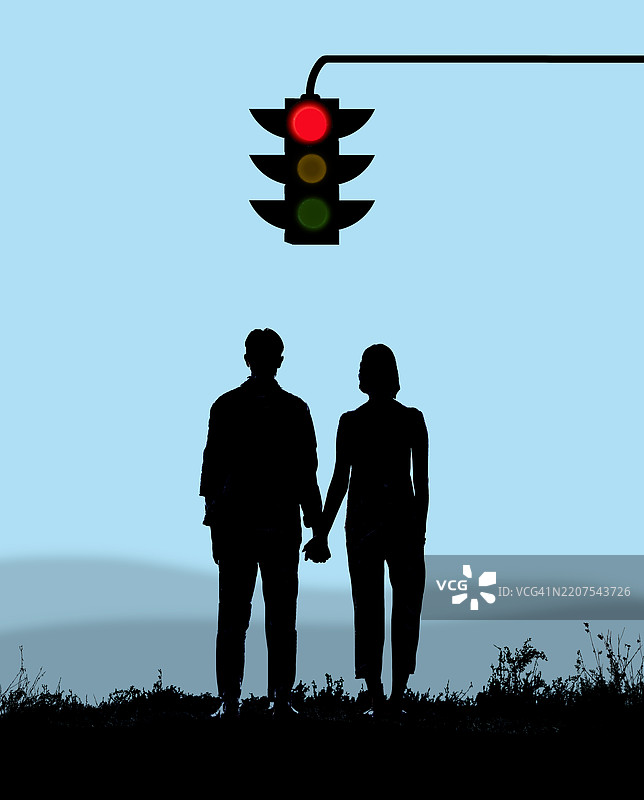 一对情侣站在红灯前的概念插图图片素材
