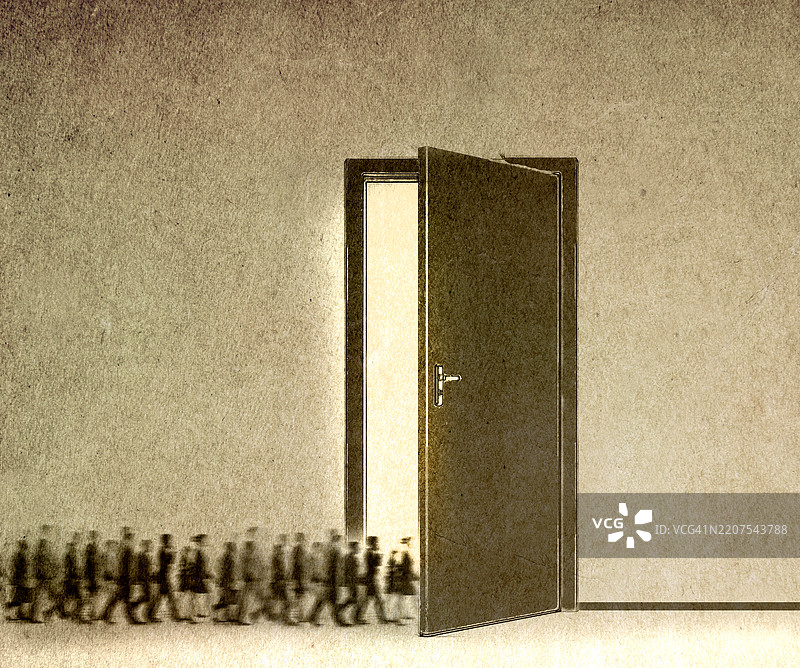 人们匆忙穿过一个超大开放门的概念插图图片素材