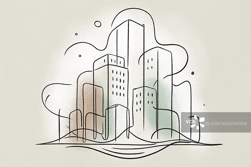 城市天际线的连续线条画，配以色彩斑斓的抽象形状图片素材