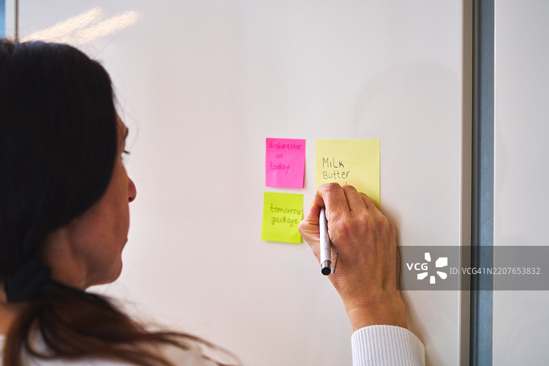 在粘性便签上写购物清单并贴在冰箱上图片素材