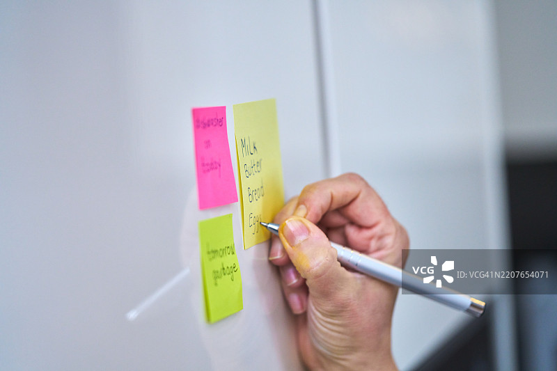 在粘性便条上写购物清单并贴在冰箱上图片素材