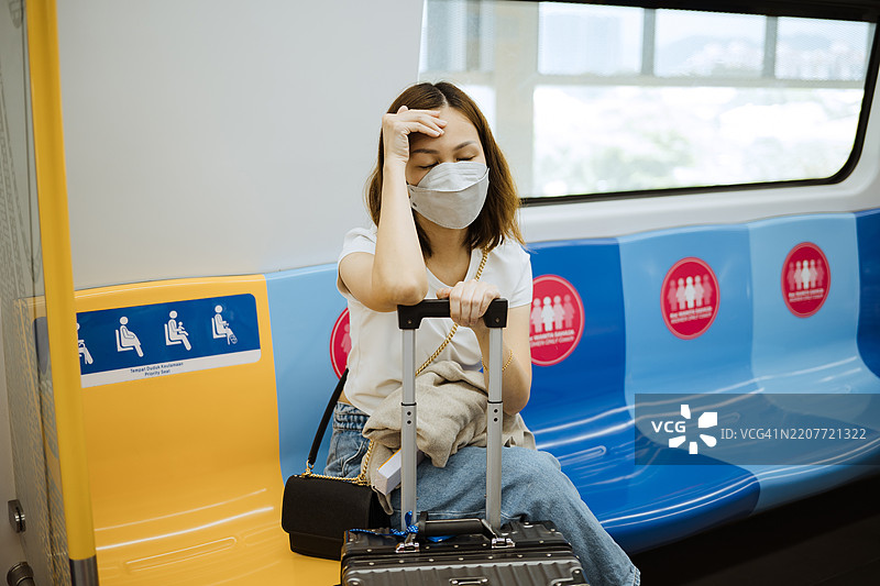 戴着防护口罩的亚洲女性在火车上。图片素材