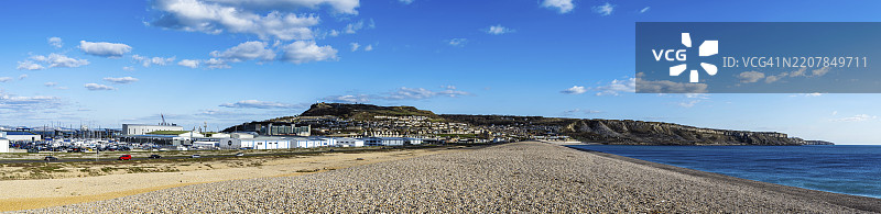 切西尔海滩全景，从西湾到波特兰，侏罗纪海岸，德文郡，英格兰，联合王国，欧洲图片素材