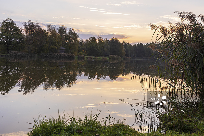 友谊湖的日出，科尼希斯布吕克海德，萨克森，德国，欧洲图片素材