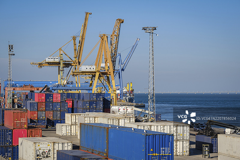商业港口的海洋物流和运输场景，堆叠的集装箱、龙门吊和STS起重机、货物码头的叉车。国际航运和货运基础设施，湛蓝的天空和海水。图片素材