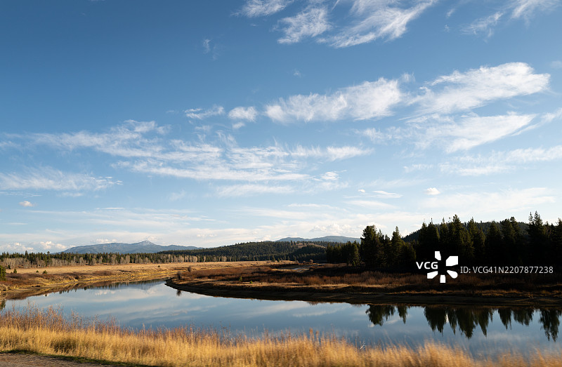 湖泊倒影与森林带和清澈的蓝天图片素材