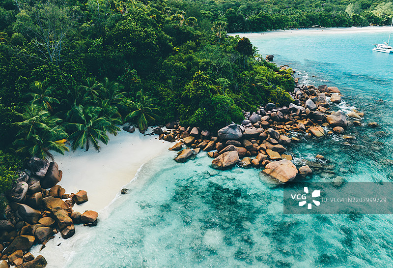 阳光明媚的海滩鸟瞰图，棕榈树和碧蓝的海洋。夏季假期和热带海滩概念。图片素材