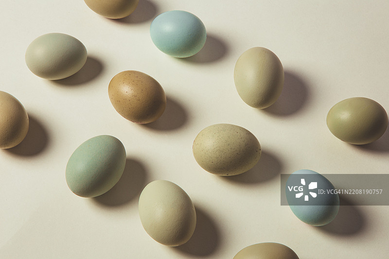 中性背景上的五彩有机鸡蛋平铺图图片素材