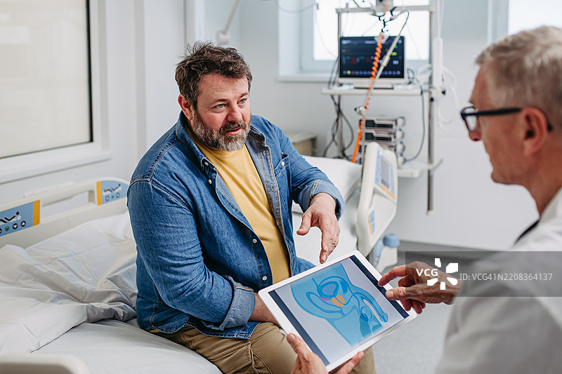 医生向男性患者解释前列腺检查。图片素材