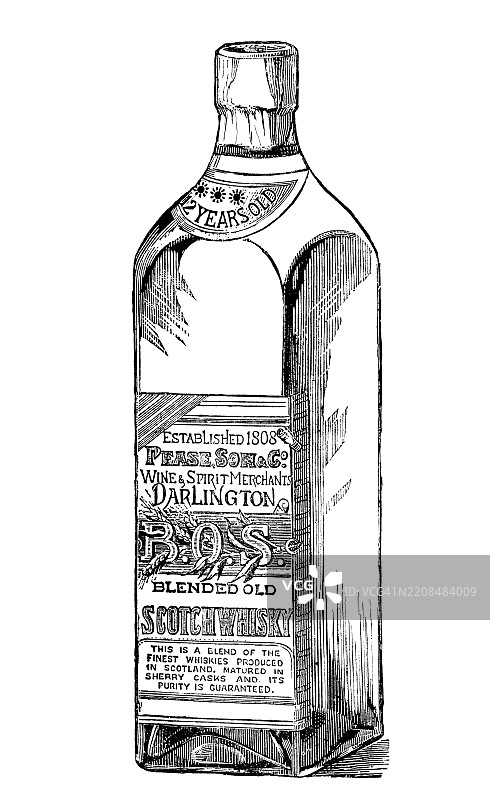 老式雕刻插图，展示了一瓶苏格兰威士忌图片素材