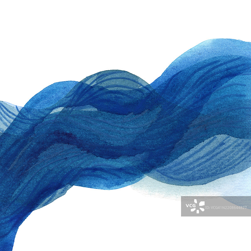 蓝色水彩波浪的抽象画，带有铅笔细节图片素材