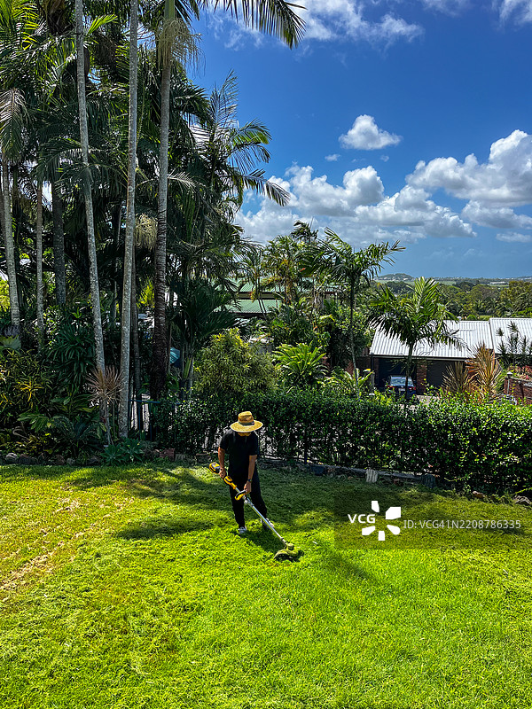 阳光明媚的后院里，园丁正在修剪草坪图片素材