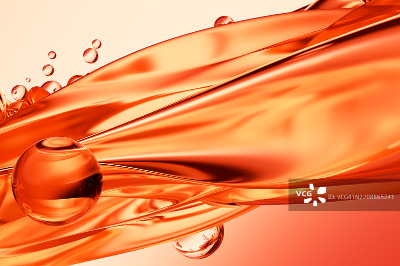光滑的橙色液体波浪中漂浮着油泡。抽象的三维背景流体纹理在运动中，适合美容、护肤、化妆品或科学相关主题和设计。图片素材