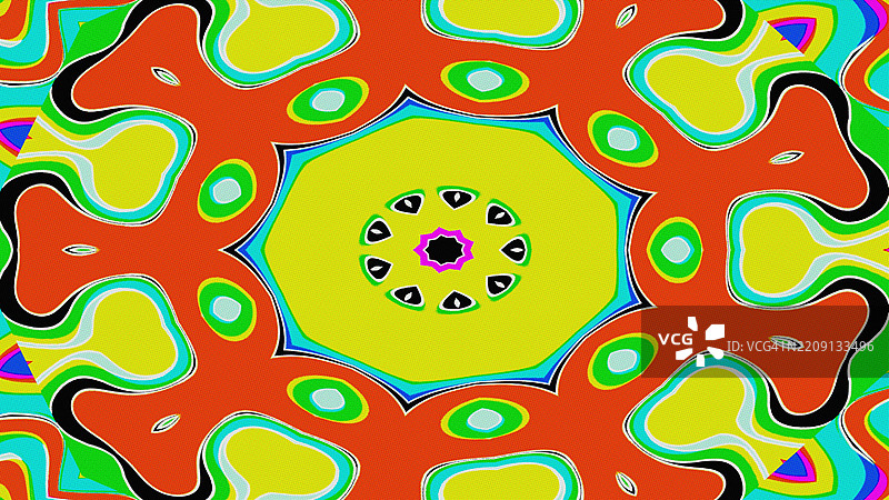 霓虹绿、橙、黄的万花筒曼陀罗图案，充满90年代和Y2K的氛围图片素材