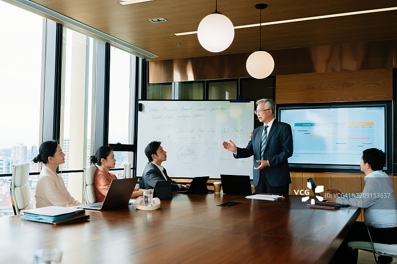 亚洲老年商人在现代会议室中主持会议。图片素材