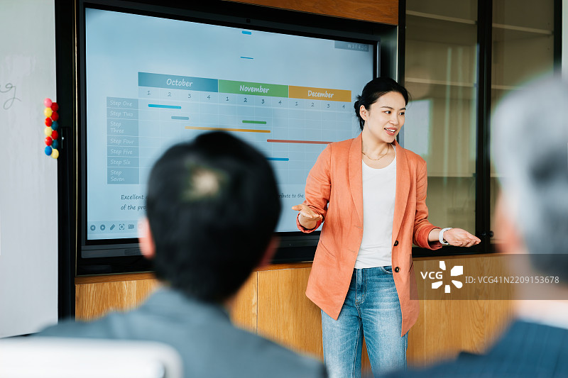 亚洲女商人在现代会议室中主持会议。图片素材