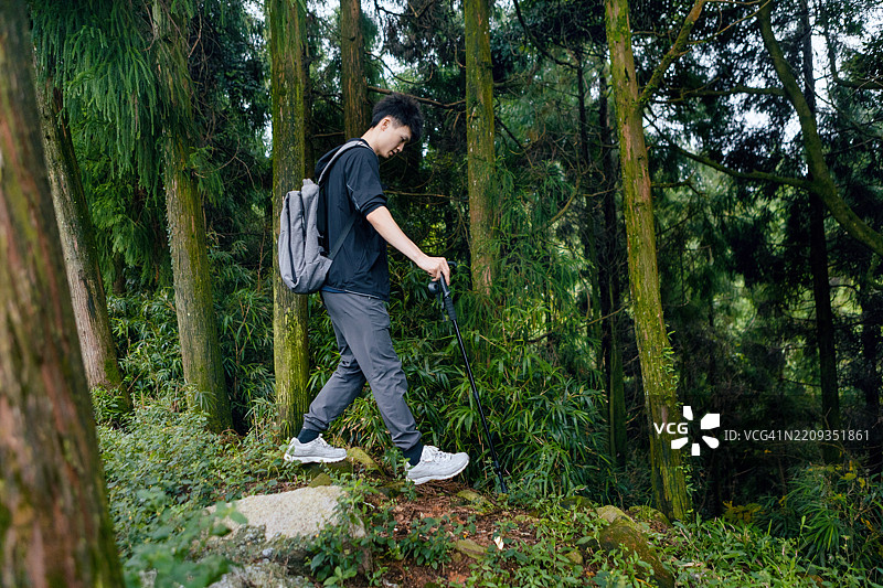 一位年轻的亚洲男子背着背包和登山杖在森林中探险，享受大自然和健康的生活方式。图片素材