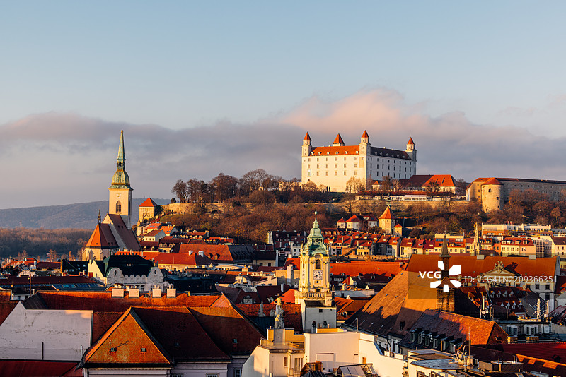 布拉迪斯拉发老城区天际线与布拉迪斯拉发城堡在阳光明媚的早晨，鸟瞰图，斯洛伐克图片素材