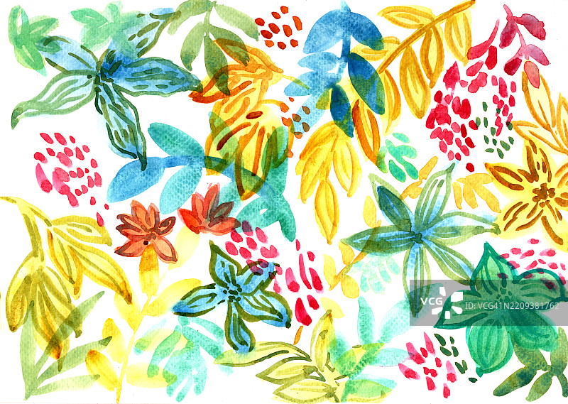 水彩插图：抽象的多彩花朵和叶子图片素材
