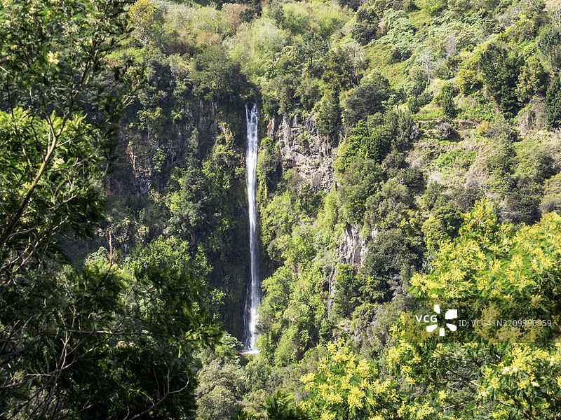马德拉岛上圣罗克河峡谷陡峭侧面的瀑布。图片素材