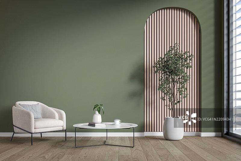 现代室内：一个舒适的扶手椅和咖啡桌的客厅/候客室，前面是部分纹理的柔和（卡其色）绿色墙壁，部分拱形的浅粉色木条，配有大窗户和装饰。图片素材