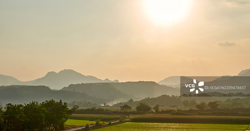 阳光照耀下的宽阔草地景观。图片素材